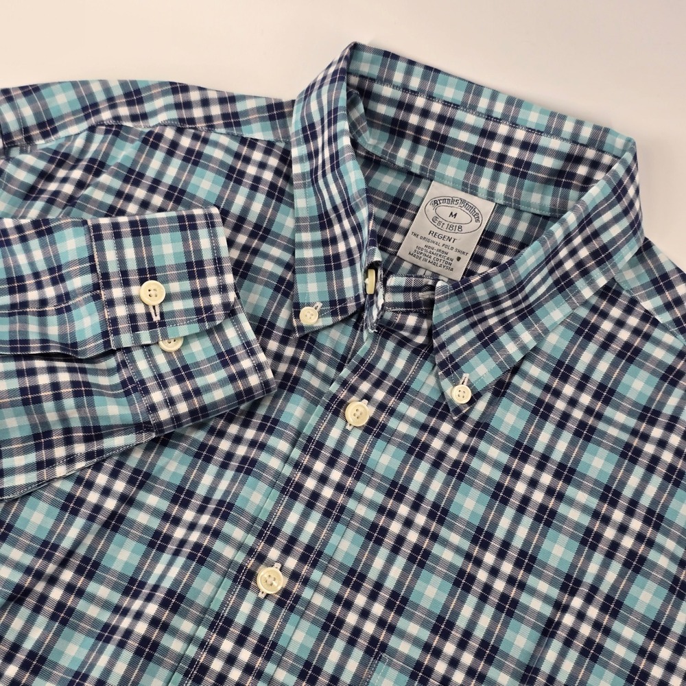 Brooks Brothers Shirt Mens M Blue Teal Regent Fit Non-Iron Supima Cotton Check